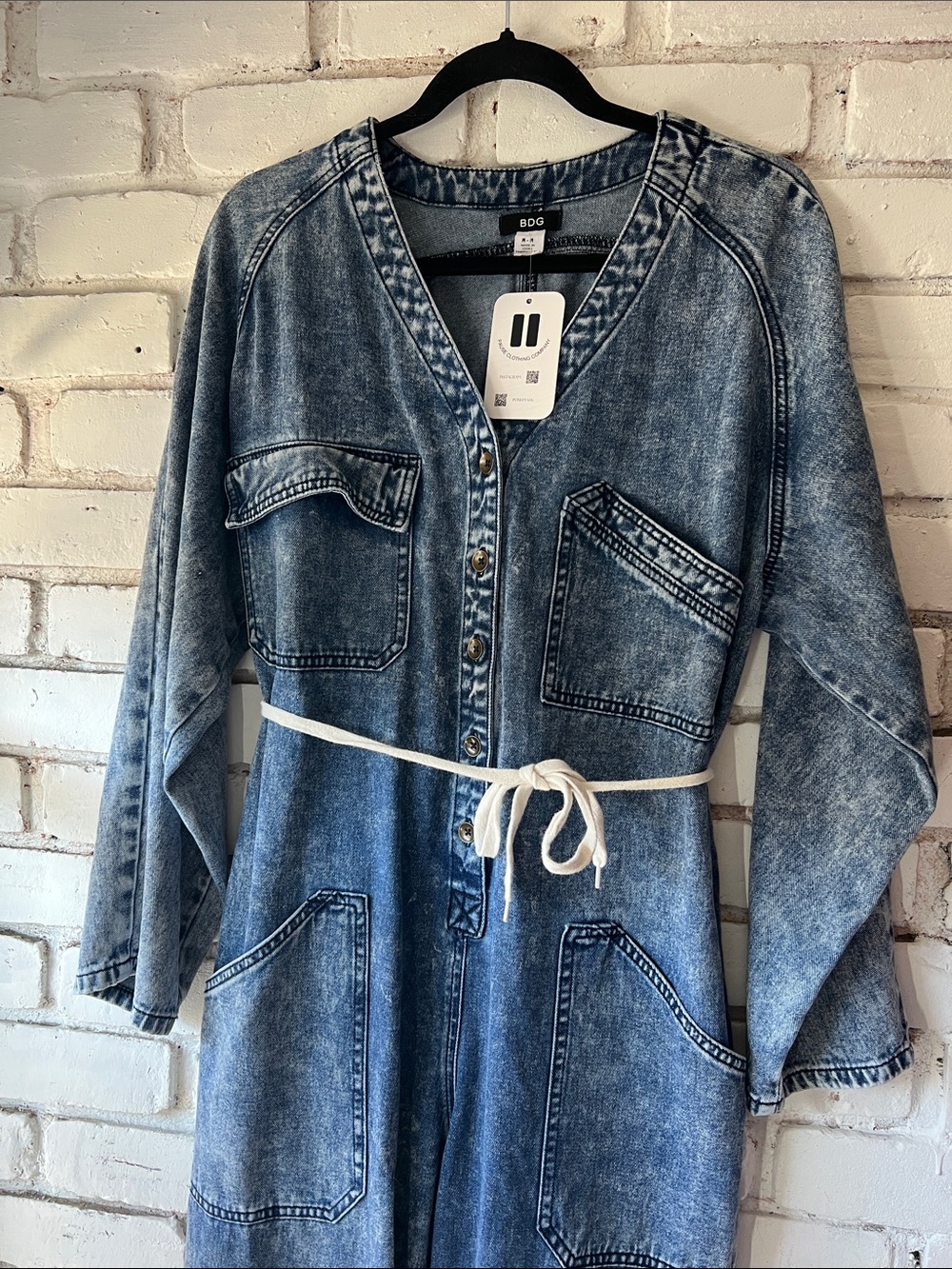 BDG Acid-Wash Denim Jumpsuit Jacket - Blue asymmetrical pocket suit